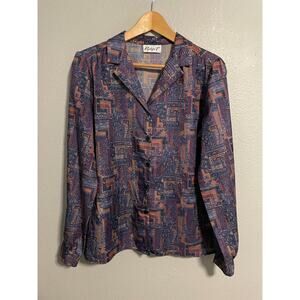 Vintage Ridge T Shirt Womens Large Blue Purple Abstract Button Up Blouse 90s Top